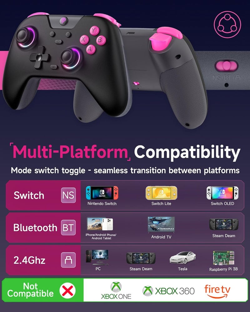 EasySMX وحدة تحكم الألعاب اللاسلكية X05 2.4g لجهاز الكمبيوتر/ستيم/آيفون/أندرويد/سويتش - وحدة تحكم بلوتوث مع تأثير هال، أضواء RGB وتيربو، وحدة تحكم مضادة للانجراف - Image 2